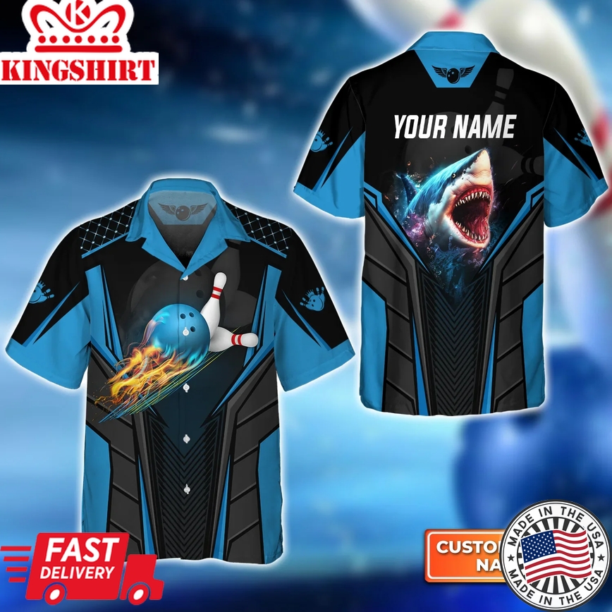 Shark Team Blue Bowling Ball 3D Trendy Hawaiian Shirt, Bowling Custom Trendy Hawaiian Shirt For Men, Women, Bowling Team