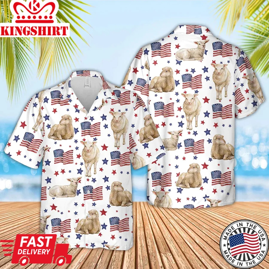 Sheep American Flag Pattern Trendy Hawaiian Shirt, Funny Sheep Trendy Hawaiian Shirt, 4Th Of July Trendy Hawaiian Shirt