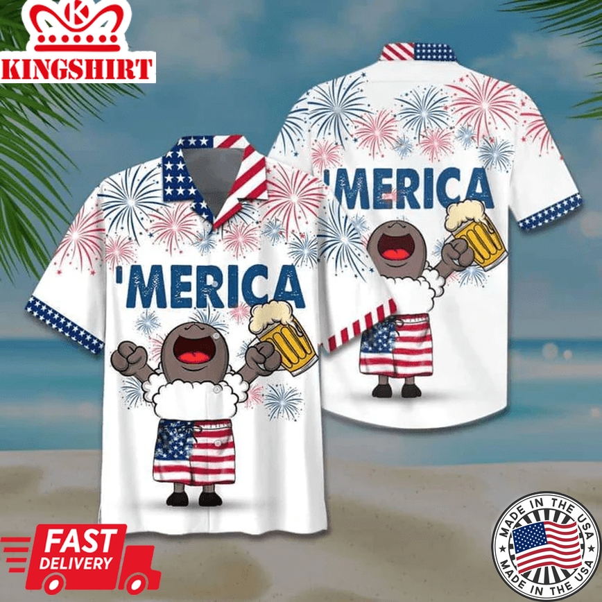 Sheep And Beer Trendy Hawaiian Shirt, 4Th Of July Trendy Hawaiian Shirt, Sheep American Flag Trendy Hawaiian Shirts For Men, Women