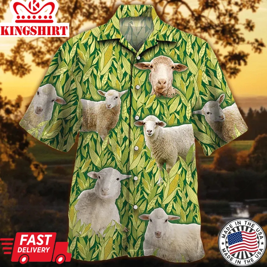 Sheep Lovers Corn Pattern Trendy Hawaiian Shirt, Vintage Farm Trendy Hawaiian Shirts For Men Animals Mens Trendy Hawaiian Shirts