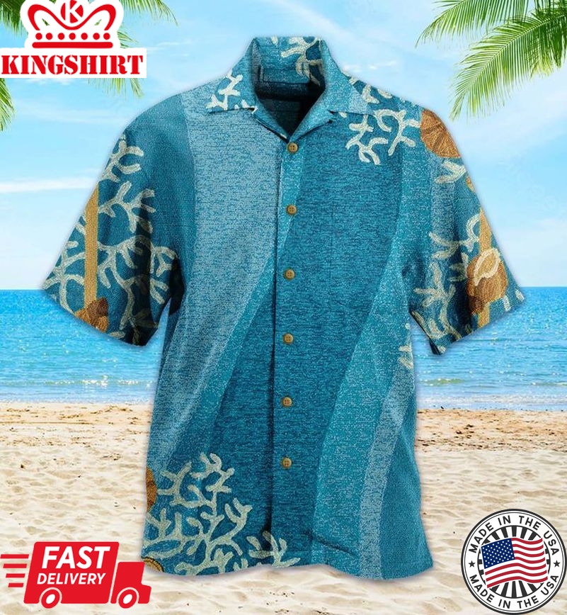 Shell And White Coral Blue Trendy Hawaiian Shirt 3D Summer Gifts