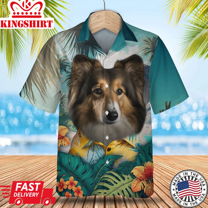 Shetland Sheepdog 3D Tropical Trendy Hawaiian Shirt, Dog Lover Trendy Hawaiian Shirt, Summer Gift For Men And Women