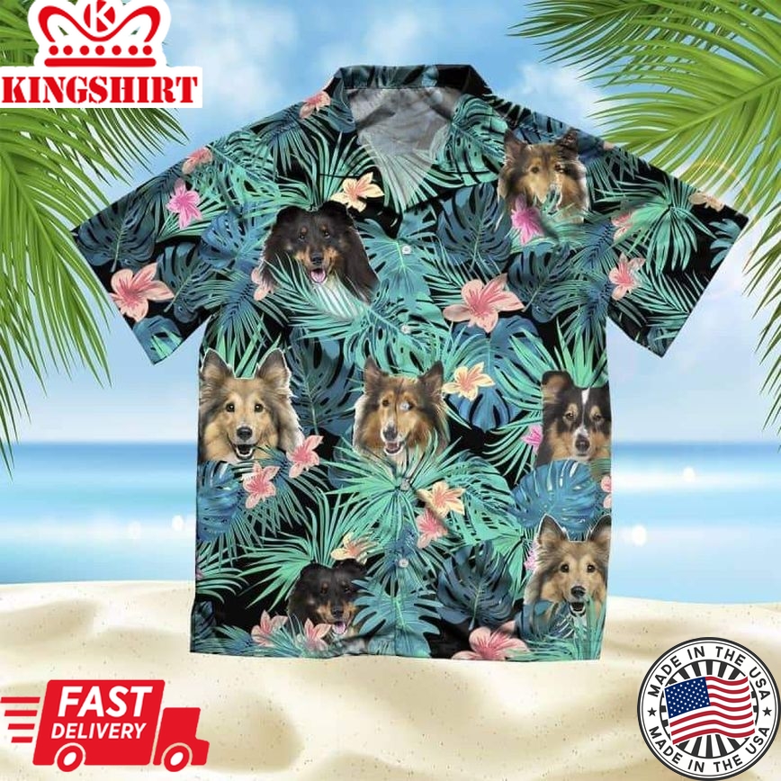 Shetland Sheepdog Trendy Hawaiian Shirt, Dog Summer Leaves Trendy Hawaiian Shirt, Unisex Print Aloha Short Sleeve Casual Shirt Summer Gifts