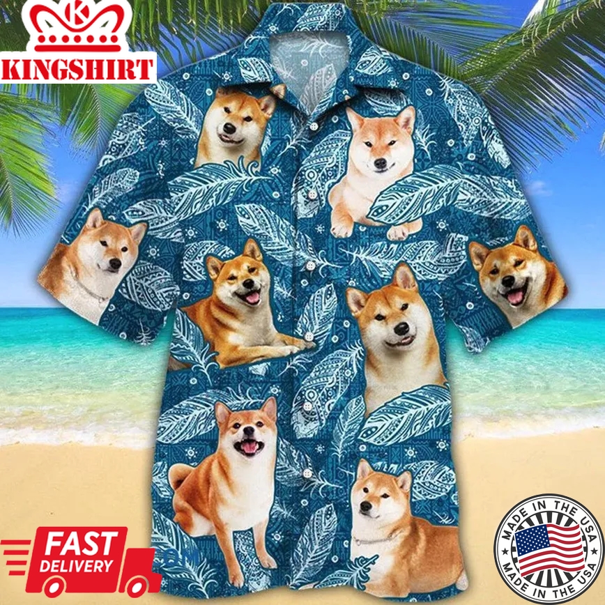 Shiba Inu Dog Lovers Blue Feather Hawaii Trendy Hawaiian Shirt