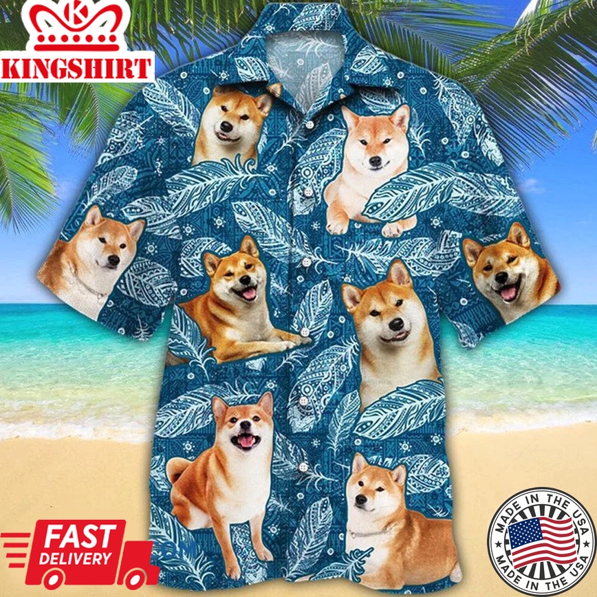 Shiba Inu Dog Lovers Blue Feather Hawaii Trendy Hawaiian Shirt