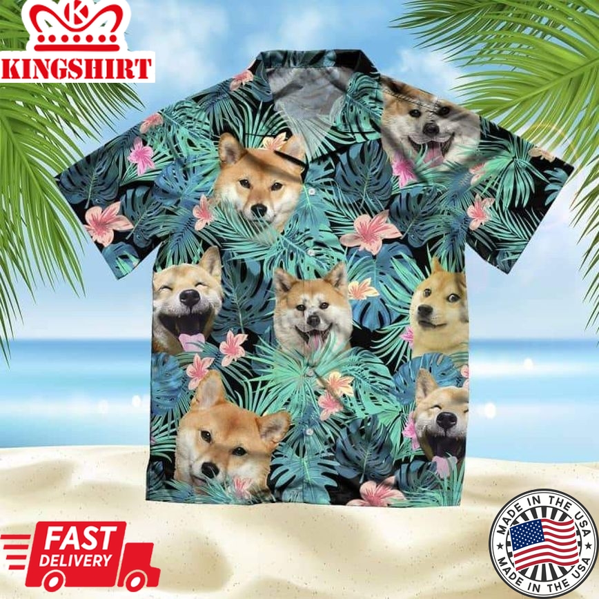 Shiba Inu Trendy Hawaiian Shirt, Dog Summer Leaves Trendy Hawaiian Shirt, Unisex Print Aloha Short Sleeve Casual Shirt Summer Gifts