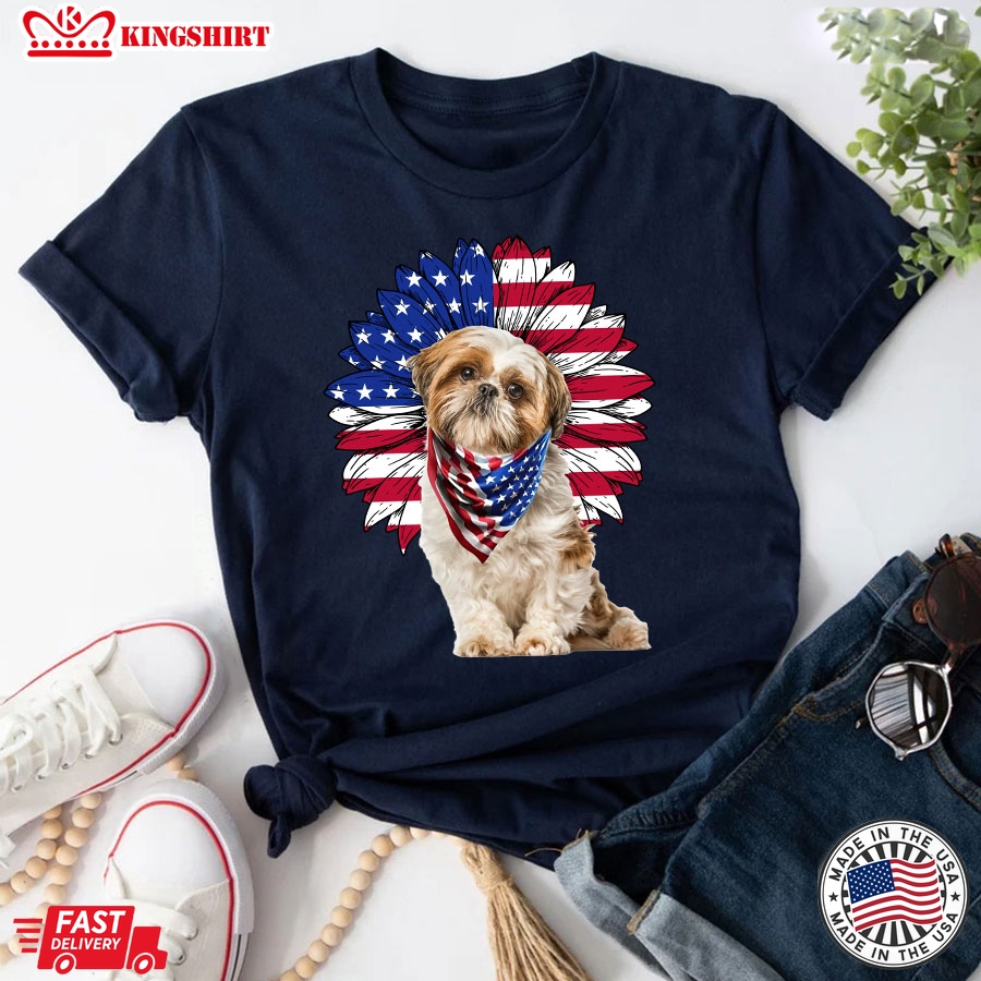 Shih Tzu American Flag 4th Of July American Independence Day T-Shirt