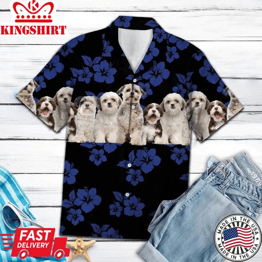 Shih Tzu Trendy Hawaiian Shirt, Dog Trendy Hawaiian Shirt, Tropical Hibiscus On Black Pattern Trendy Hawaiian Shirt