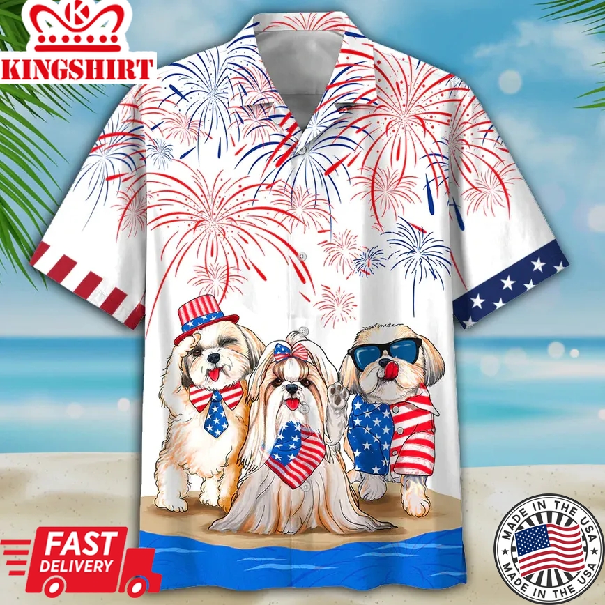 Shih Tzu Trendy Hawaiian Shirts Independence Day Is Coming, Usa Patriotic Trendy Hawaiian Shirt