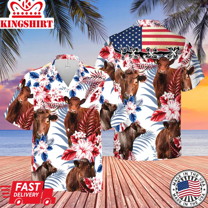 Shorthorn Cattle American Flag Trendy Hawaiian Shirt, Farm Cow Trendy Hawaiian Shirt For Men And Women