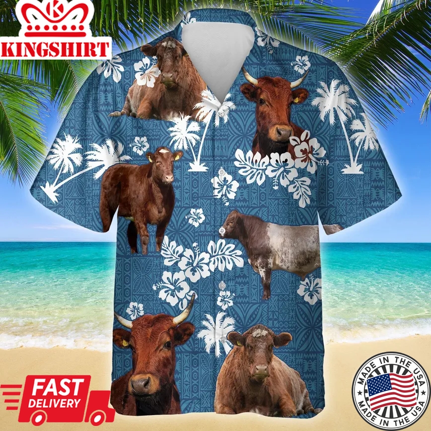 Shorthorn Cattle Blue Tribal Pattern Trendy Hawaiian Shirt, Cow Trendy Hawaiian Shirt For Summer Gifts