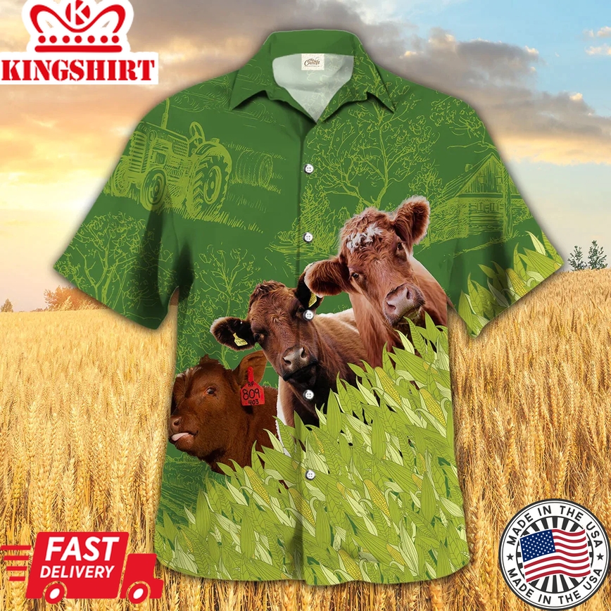 Shorthorn Farm Corn Pattern Trendy Hawaiian Shirt, Cow Trendy Hawaiian Shirt, Summer Trendy Hawaiian Shirt For Men And Women