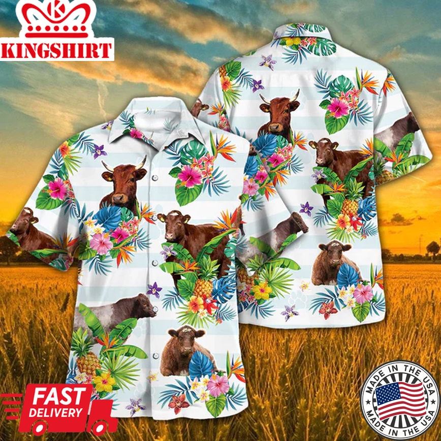 Shorthorn Hawaiian Theme Plants Pineapple 3D Trendy Hawaiian Shirt, Cow Trendy Hawaiian Shirt, Summer Gifts For Men And Women