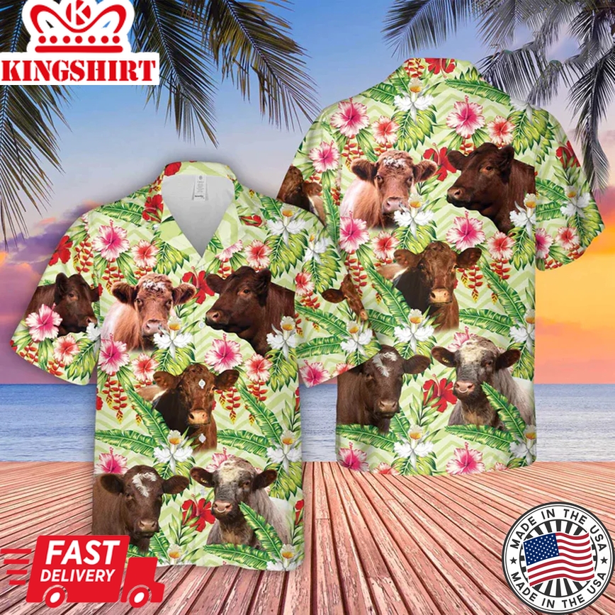 Shorthorn Hibicus Floral 3D Trendy Hawaiian Shirt, Farm Lover Hawaii Shirt, Hawaiian Casual Button Down Shirt