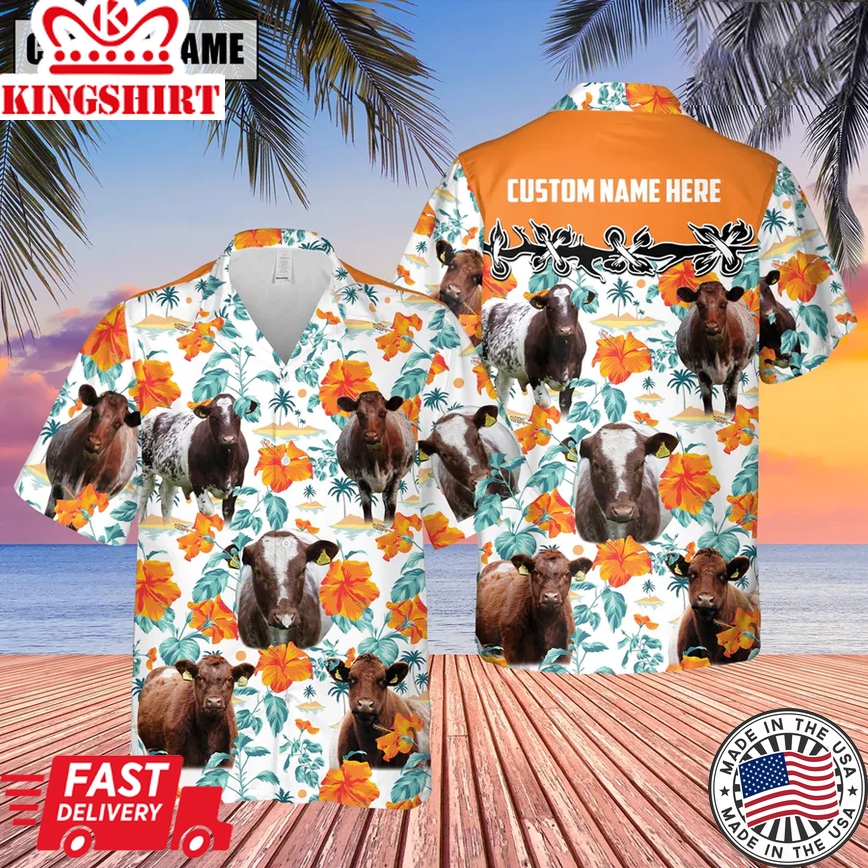 Shorthorn Hibiscus Floral Custom Name 3D Trendy Hawaiian Shirt, Summer Gifts For Men And Women