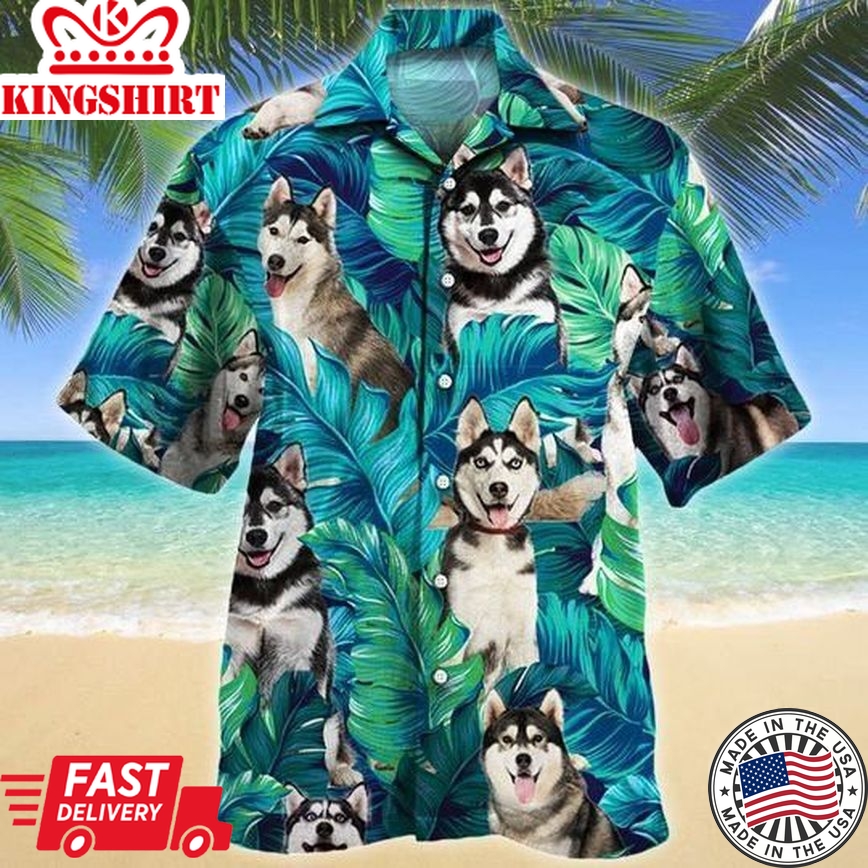 Siberian Husky Hawaiian Tropical Plants Pattern Blue And White Trendy Hawaiian Shirt For Men