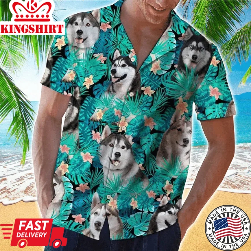 Siberian Husky Tropical 3D All Over Printed Trendy Hawaiian Shirt, Men's Trendy Hawaiian Shirt