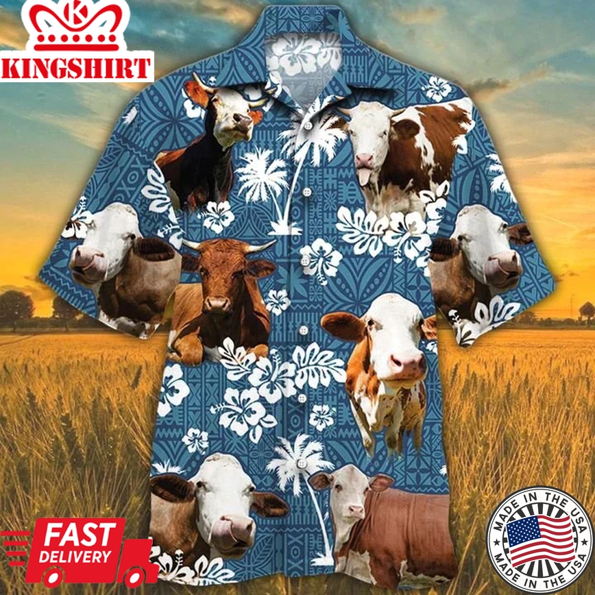 Simmental Cattle Lovers Blue Tribal Pattern Trendy Hawaiian Shirt