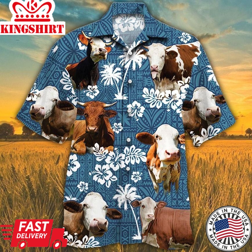 Simmental Cattle Lovers Blue Tribal Pattern Trendy Hawaiian Shirt, Cow Trendy Hawaiian Shirt For Summer Gifts