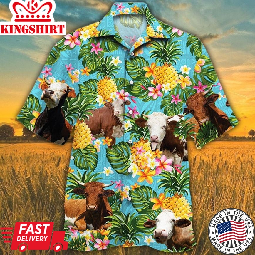 Simmental Cattle Lovers Pineapple Trendy Hawaiian Shirt, Cow Trendy Hawaiian Shirt For Summer Gifts