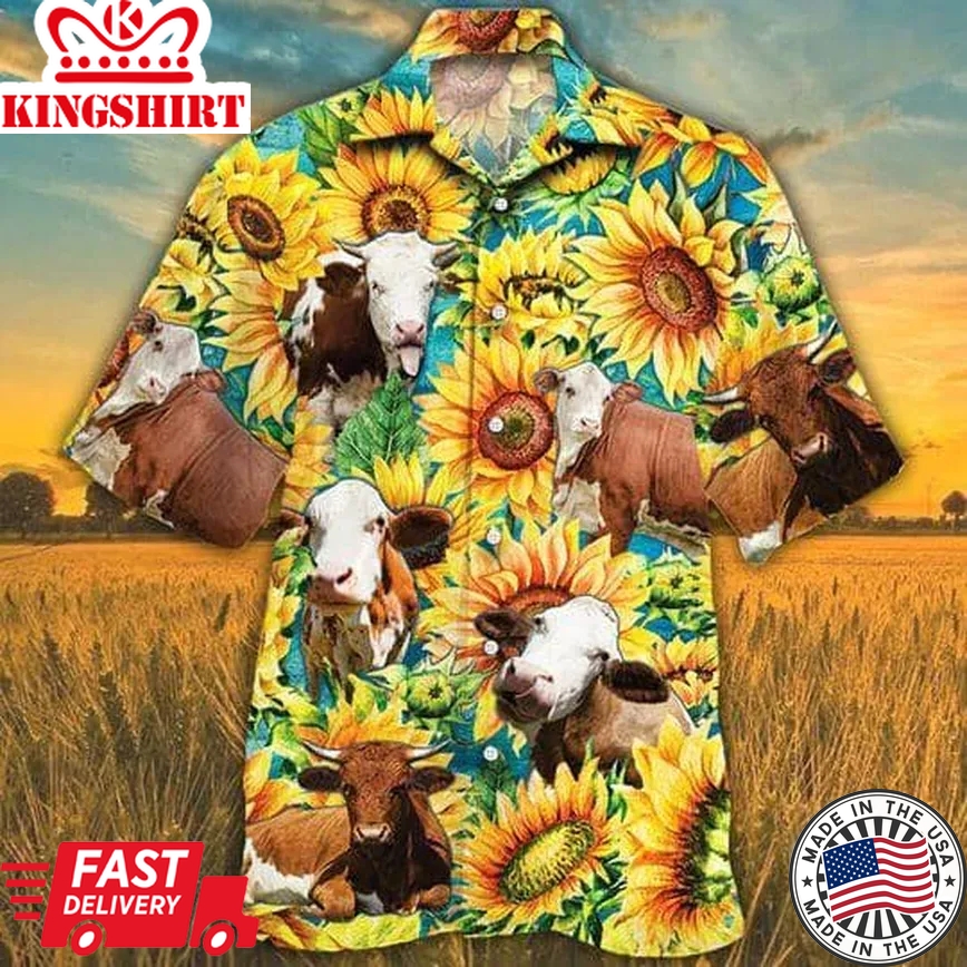 Simmental Cattle Lovers Sunflower Watercolor Trendy Hawaiian Shirt