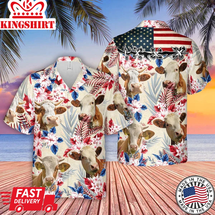 Simmental Pattern Us Flag Trendy Hawaiian Shirt, Farm Cow Trendy Hawaiian Shirt For Men And Women