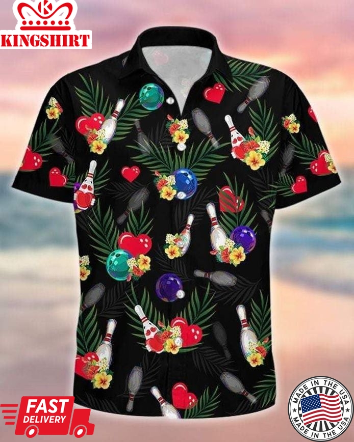 Simple Tropical Bowling Heart Black Unisex Trendy Hawaiian Shirts