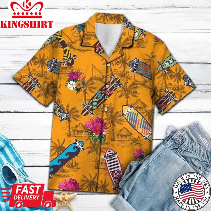 Skateboard Yellow Trendy Hawaiian Shirt, Cool Skateboard Tropical Flowers Burned Yellow Background Pattern Trendy Hawaiian Shirt