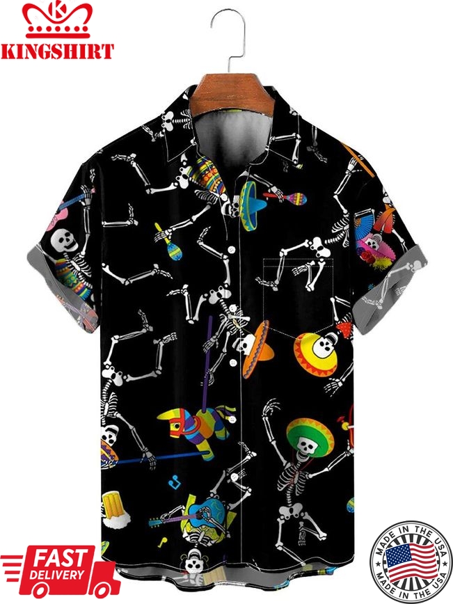 Skeleton Cinco De Mayo Chest Pocket Short Sleeve Hawaiian Shirt