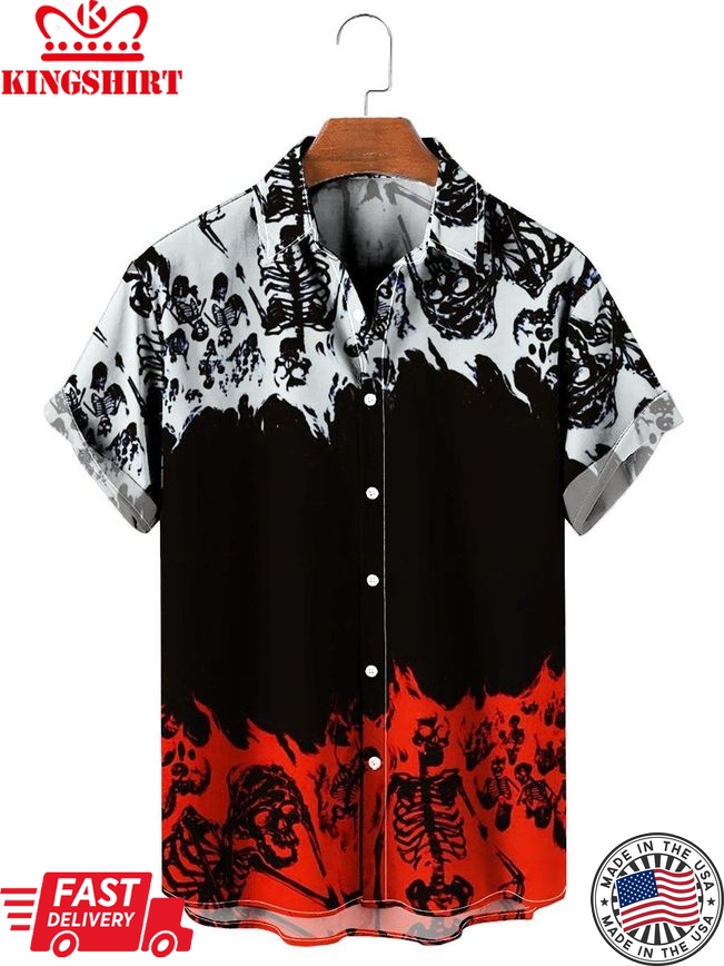 Skeleton Colorblock Print Hawaiian Shirt