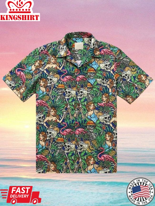 Skeleton Flamingo Print Pocket Short Sleeve Hawaiian Shirt