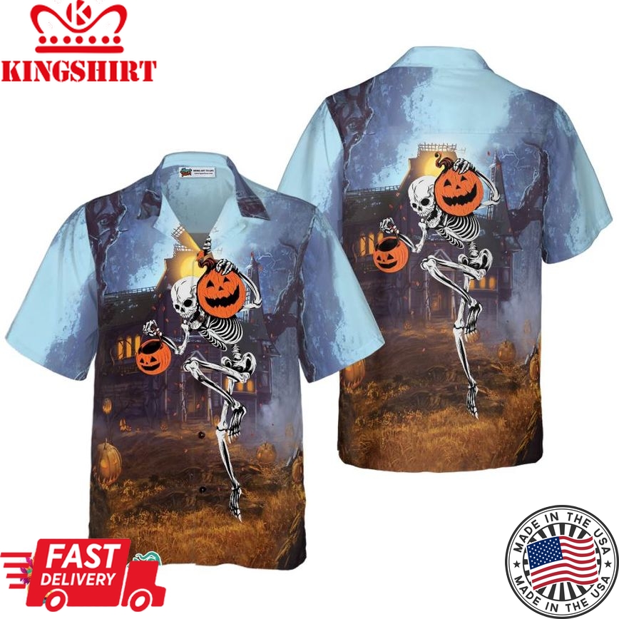 Skeleton Knows How To Dance Halloween Hawaiian Shirt, Spooky Pumpkin Shirt