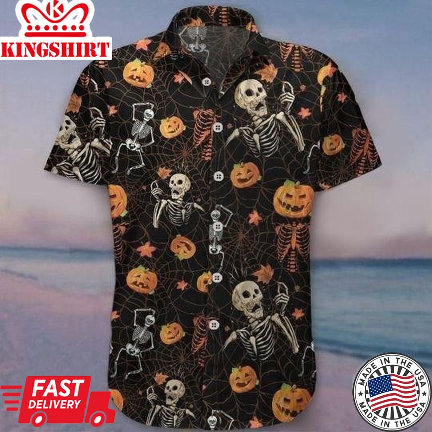 Skeleton Pumpkin Halloween Trendy Hawaiian Shirt, Unisex Print Aloha Short Sleeve Casual Shirt