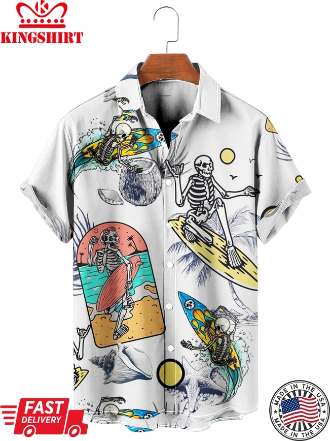 Skeleton Surfing Print Short Sleeve Button Down Shirt