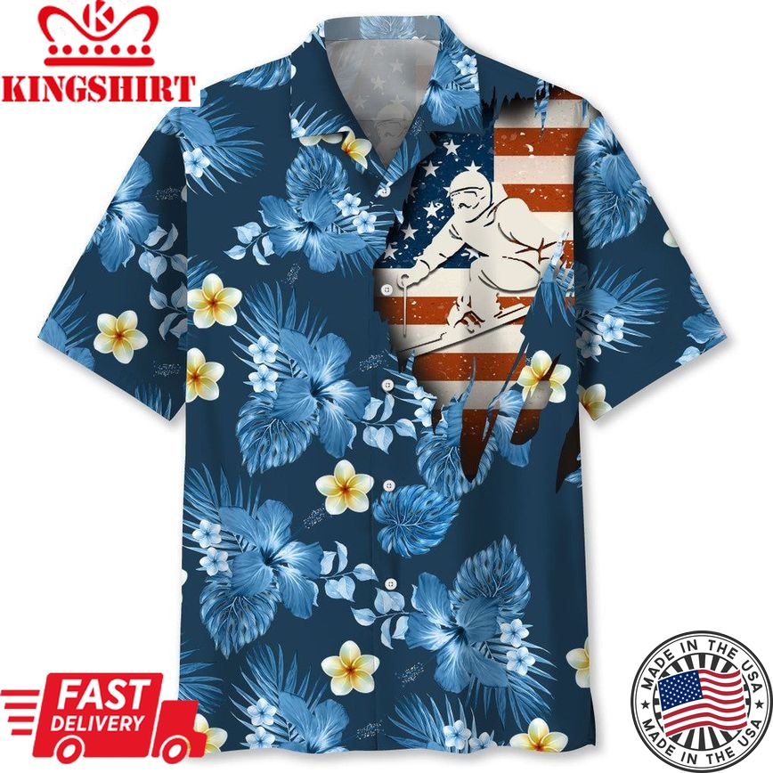 Skiing Usa Blue Tropical Trendy Hawaiian Shirt