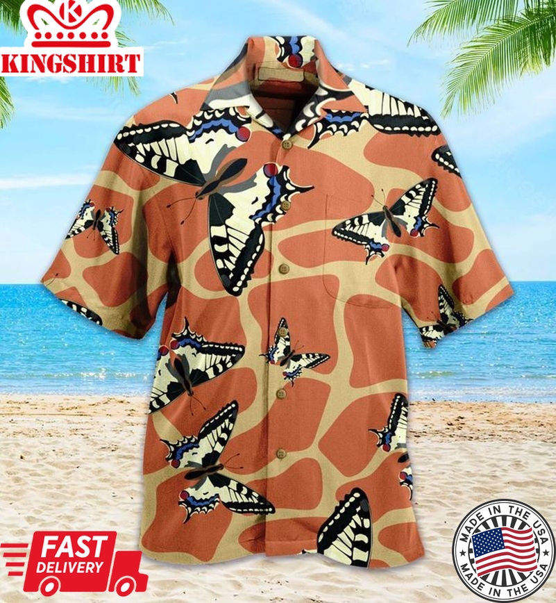 Skins Giraffe Machaon Butterflies Orange Trendy Hawaiian Shirt 3D Summer Gifts