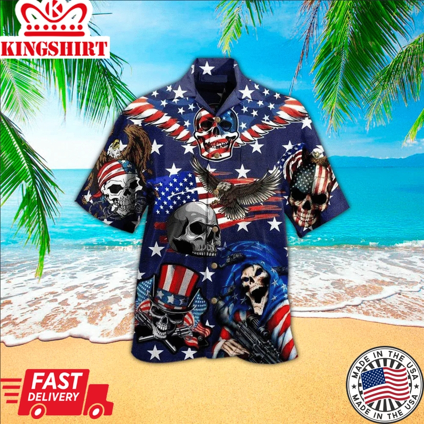 Skull American Flag Trendy Hawaiian Shirt, Gift For Skull Lovers, Trendy Hawaiian Shirt For Men, Women, Adult