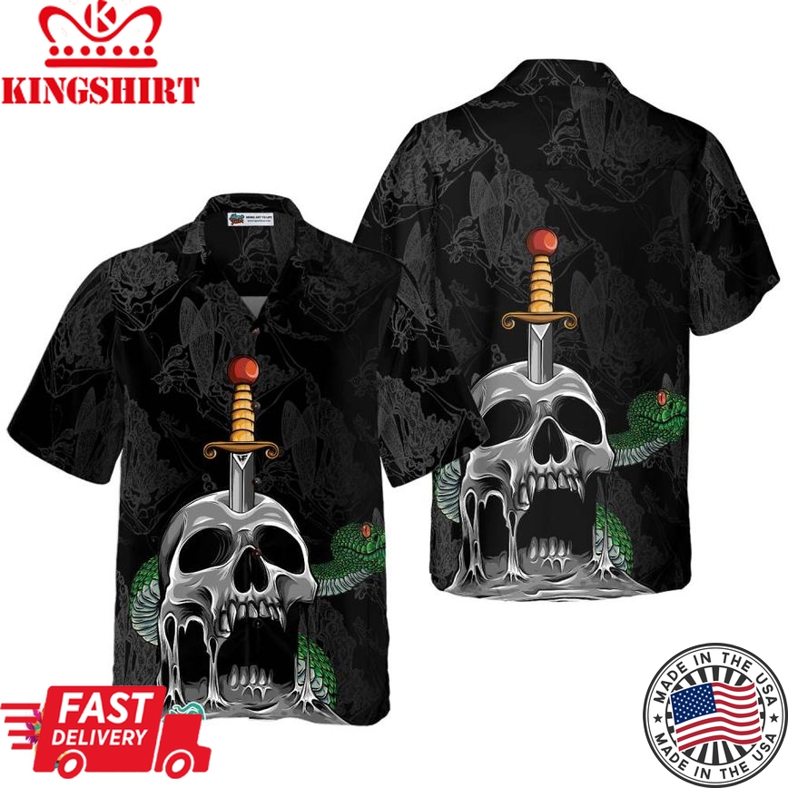 Skull & Snake Gothic Hawaiian Shirt, Dark Sword Melted Black Skull Hawaiian Shirt