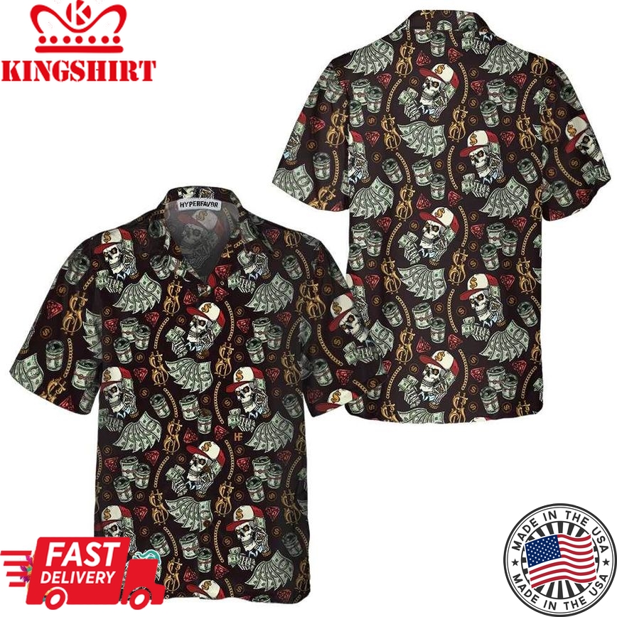 Skull And Dollars Seamless Pattern With Gold Chains Hawaiian Shirt, Short Sleeve Money Shirt