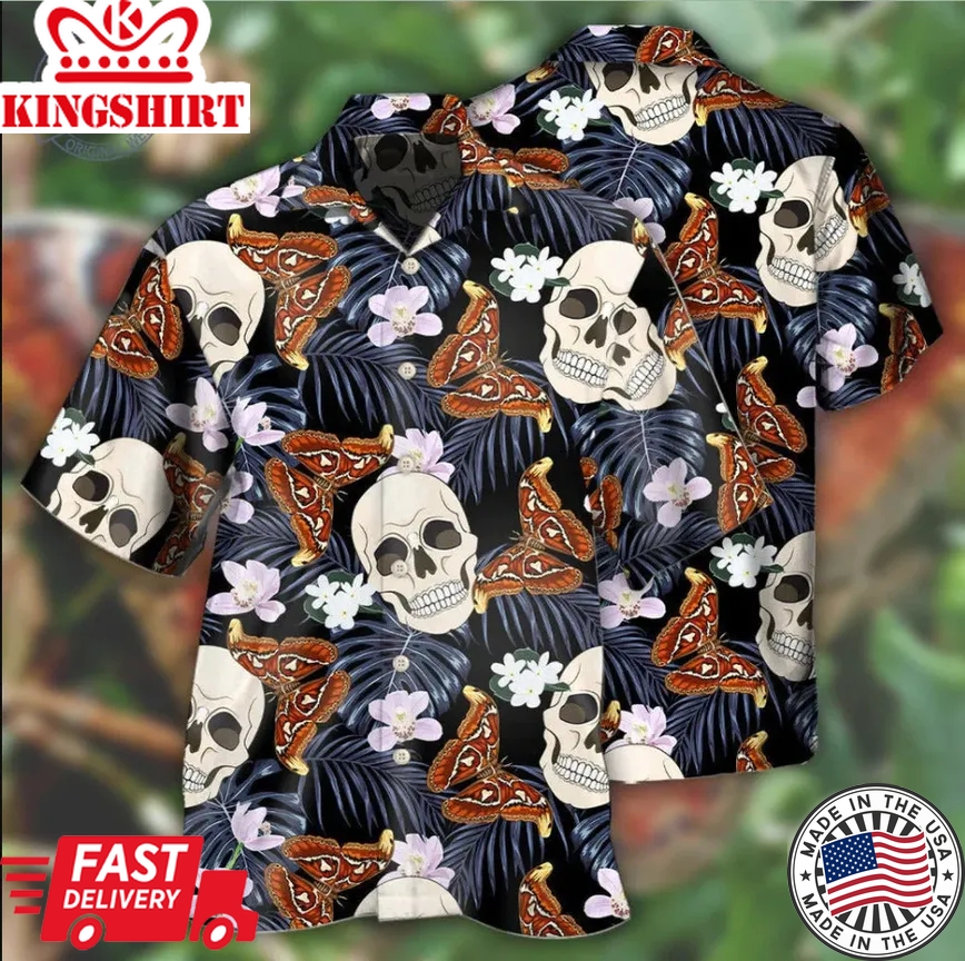 Skull And Moths Tropical Style Hawaiian 3D Hawaii Shirt, Skull 3D Hawaii Shirt For Men, Women