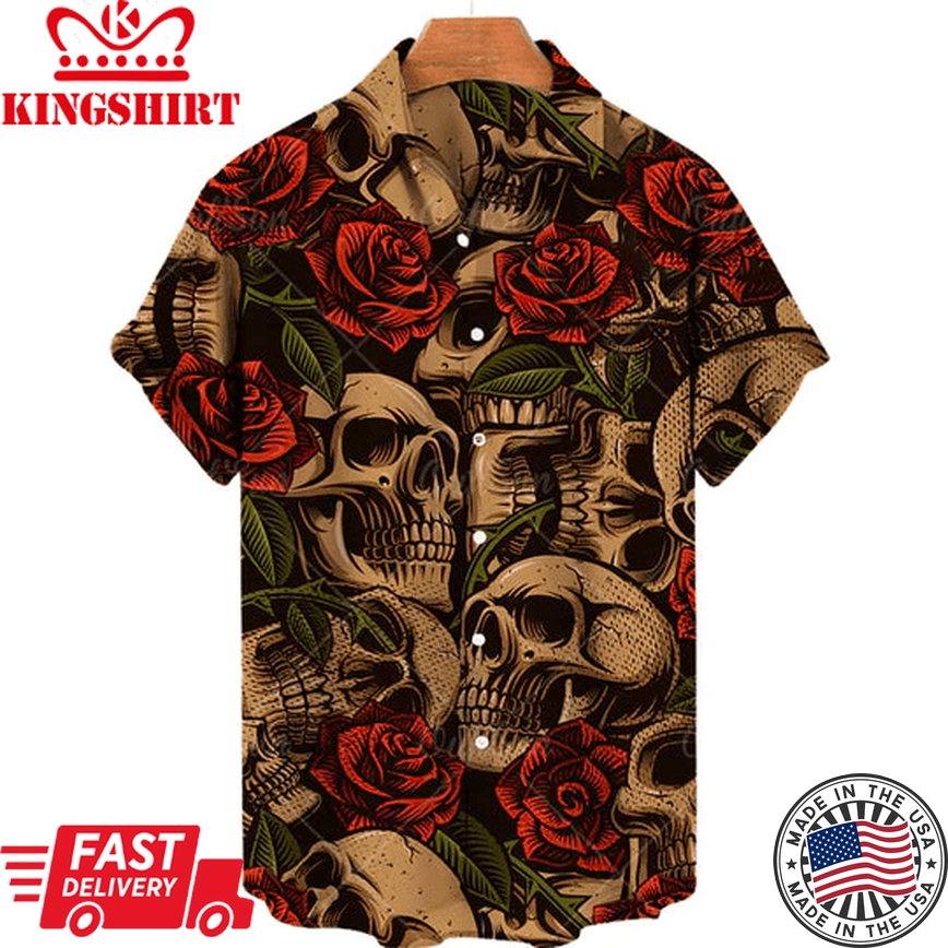 Skull And Rose Trendy Hawaiian Shirt, Hawaii Shirt For Men, Gift For Skull Lovers