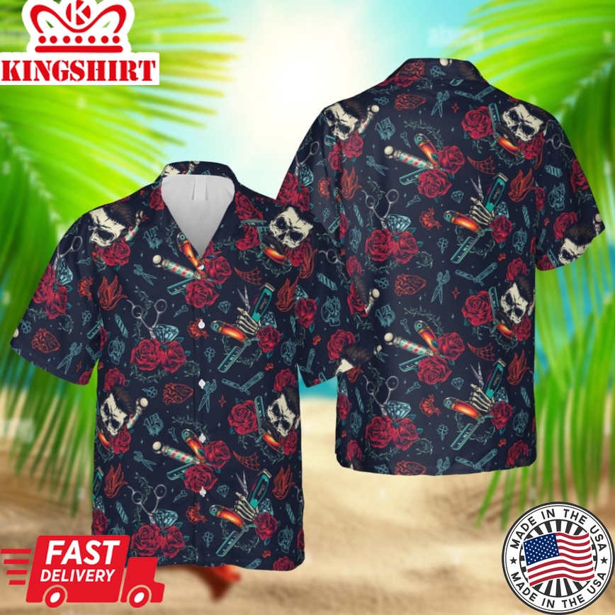 Skull Barber Trendy Hawaiian Shirt, Hairdressing Outfit For Men