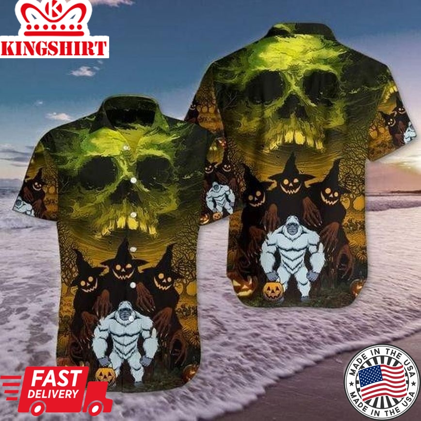 Skull Bigfoot Halloween Trendy Hawaiian Shirt, Unisex Print Aloha Short Sleeve Casual Shirt