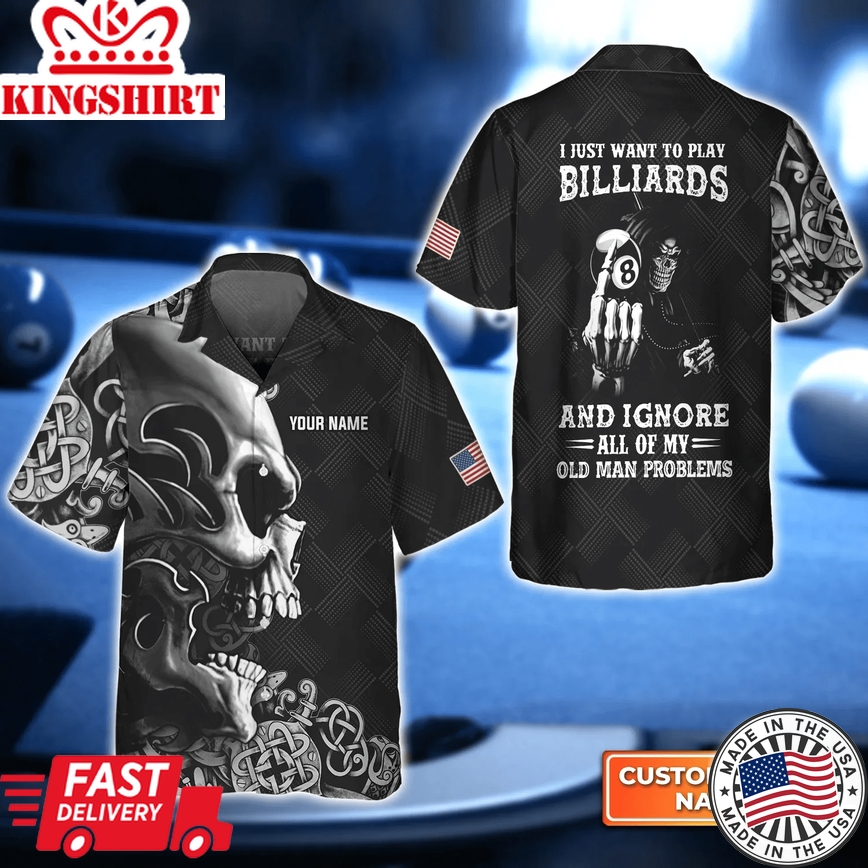 Skull Billiard 8-Ball Pool Player Old Men 3D Trendy Hawaiian Shirt, Billiard Team Shirt, Billiard Player