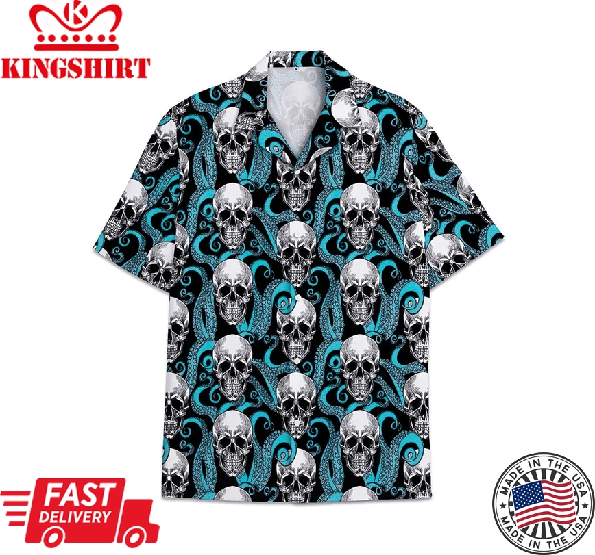 Skull Blue Pattern Short Tall Womensmall Trendy Hawaiian Shirt, Button Up Aloha Shirt For Men, Women