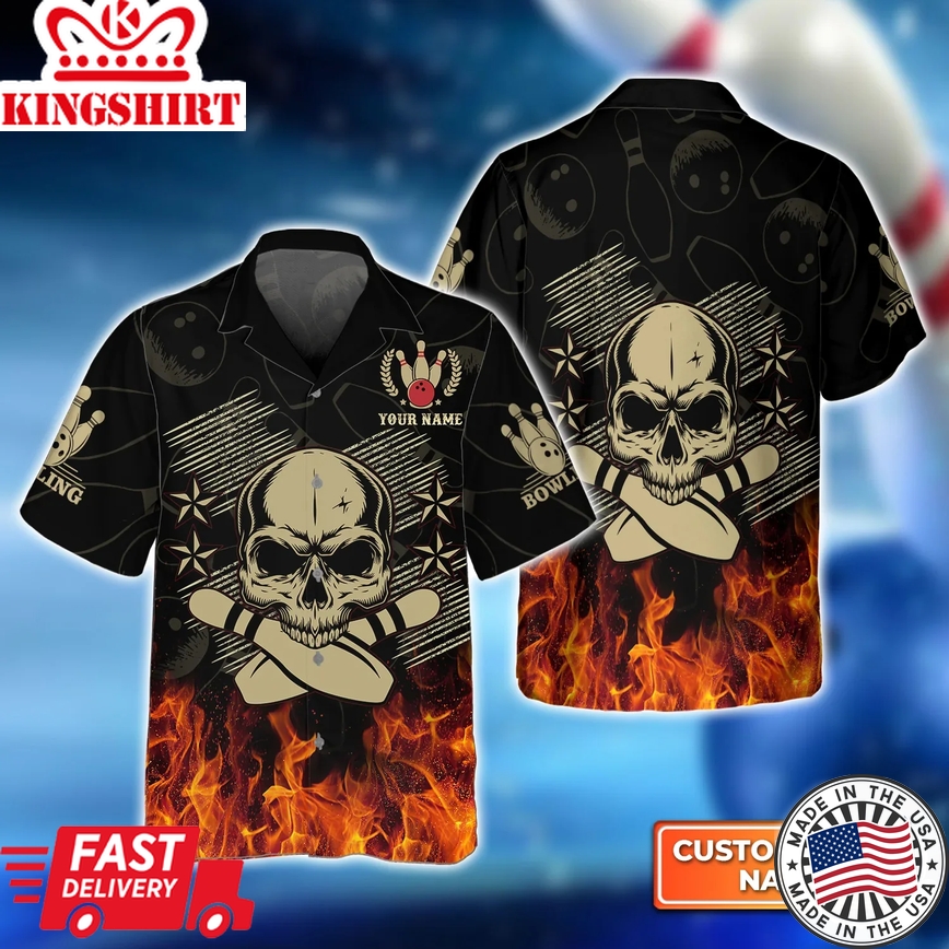 Skull Bowling In Fire Personalized Name 3D Trendy Hawaiian Shirt, Bowling Trendy Hawaiian Shirt For Men, Women, Bowling Team Shirt