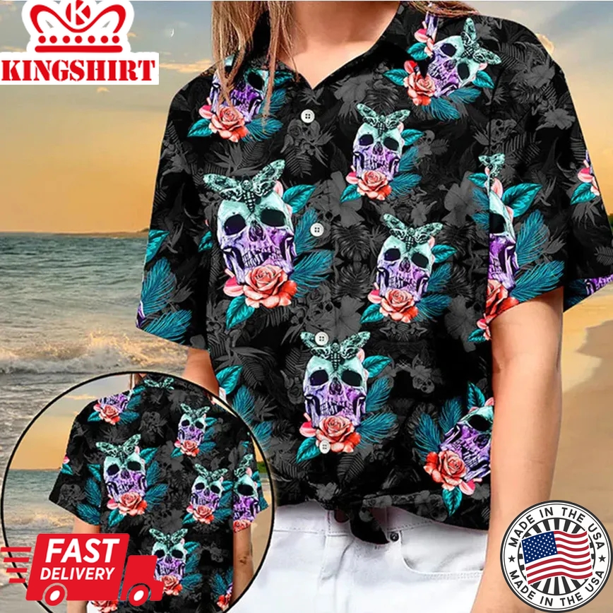 Skull Butterfly Tropical Aloha Trendy Hawaiian Shirts, Skull Trendy Hawaiian Shirt For Skull Lovers, Hawaii Shirt Men