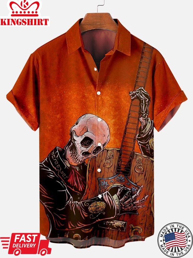 Skull Groove Aloha: Hawaiian Shirt with Music-themed Skulls