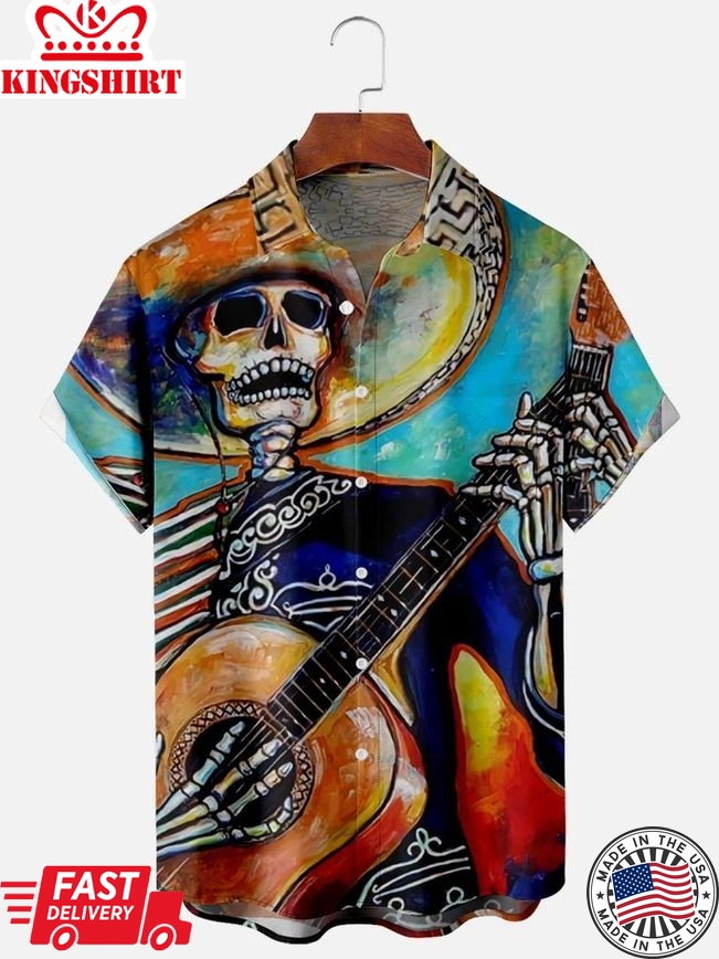 Skull Guitar Print Casual Short Sleeve Shirt