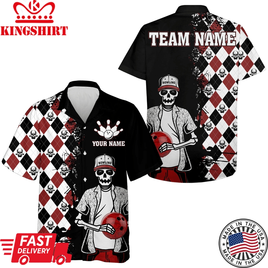 Skull Hawaiian Bowling Shirt Men Women, Personalized Name Argyle Bowling Pattern Bowler Team Jersey